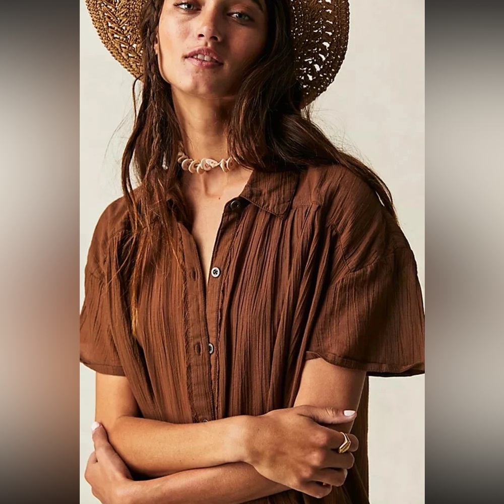 Free People Float Away Button Down Cotton Shirt Neutral Beachy Oversized Blouse - Picture 3 of 13